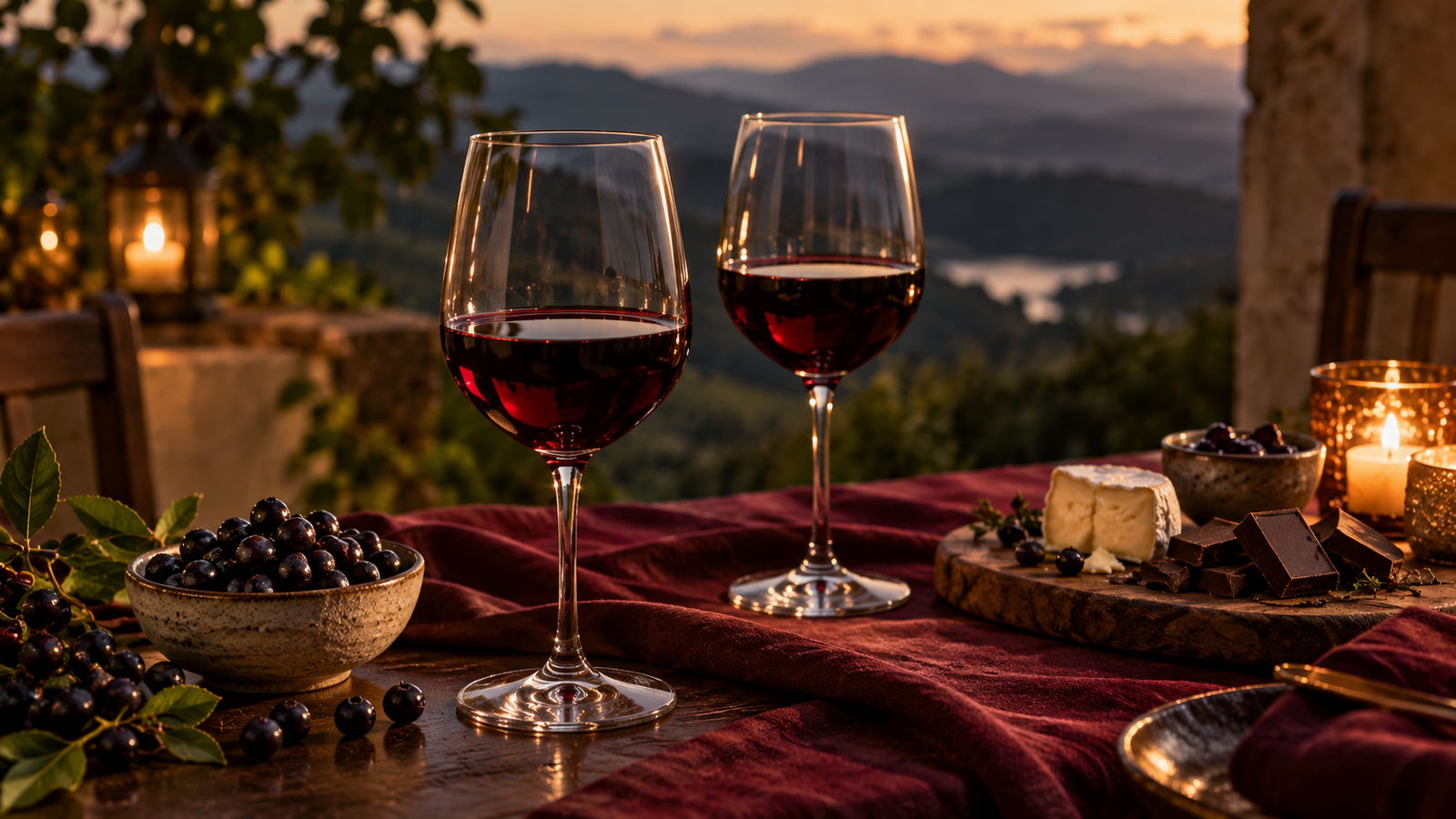 Dos copas de vino de agraz con quesos, chocolate y frutos de agraz