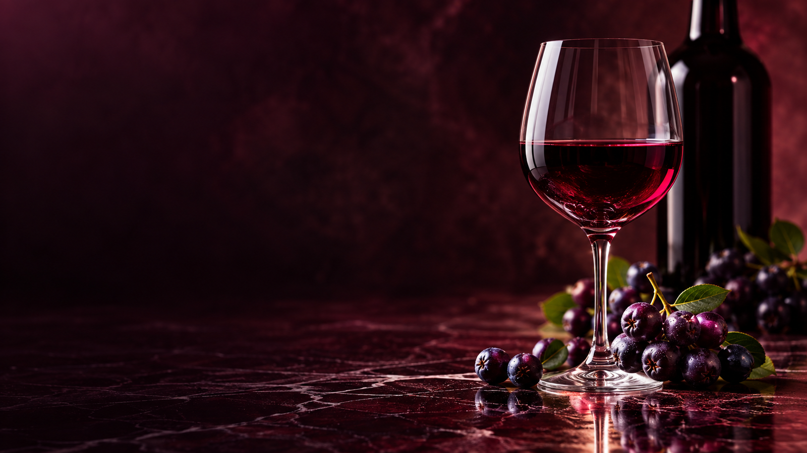 Composición de vino de agraz con copa, frutos de agraz y botella sobre fondo borgoña